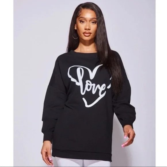 Tops - Black Love Print Long Sleeve Loose Fit Oversized Sweatshirt Top